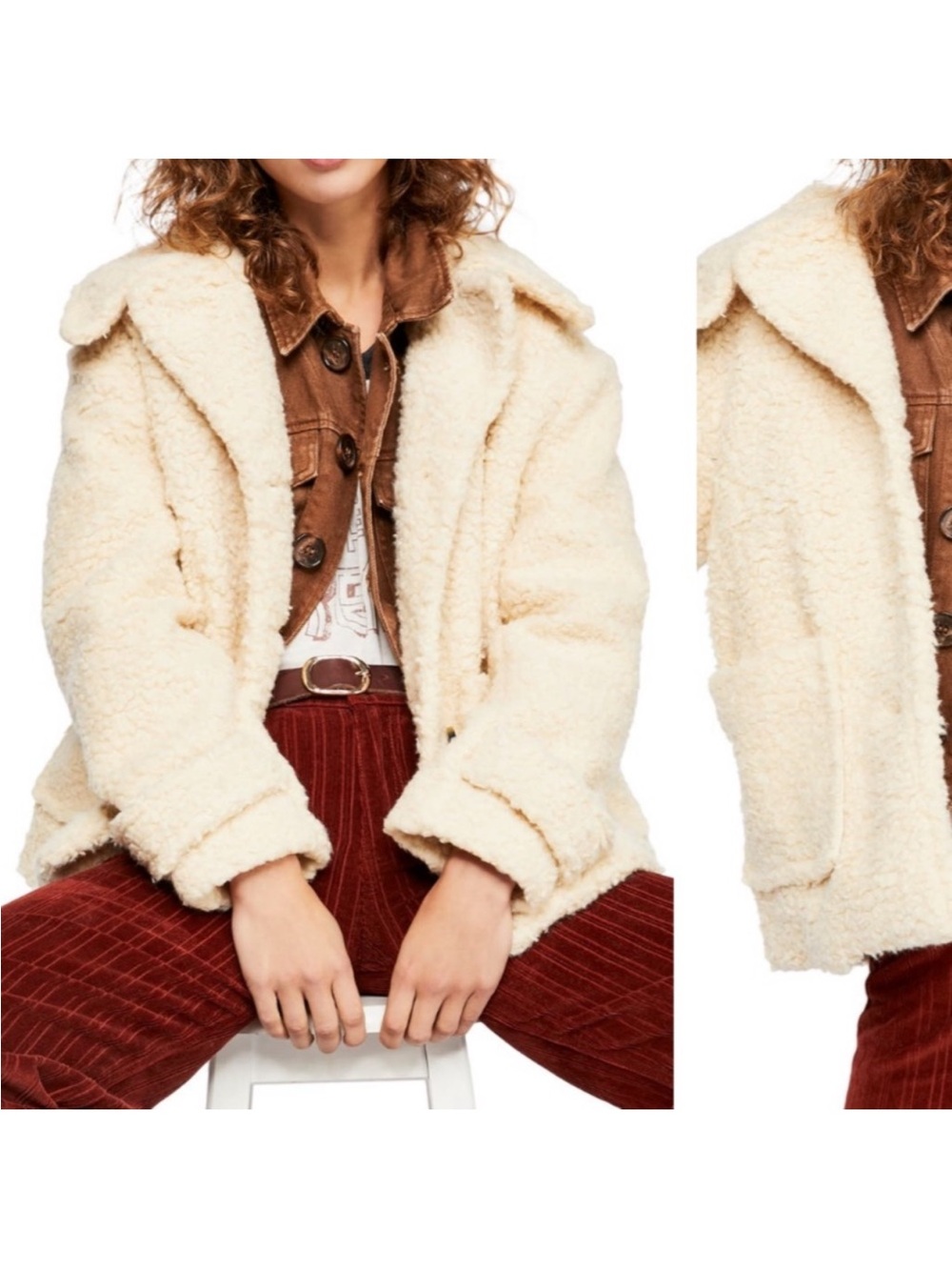 NWOT: Free People Cream “So Soft Teddy” Button Front Lined Sherpa Coat• Large